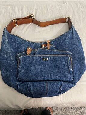 D&G Denim Shoulder Hobo Bag with Brown Leather Trim